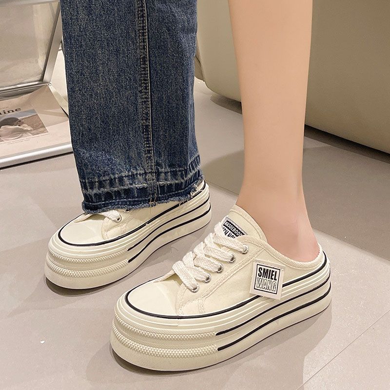 Baotou half slippers for women to wear a new versatile heel-less pedal thick-soled canvas cool slippers 2025
