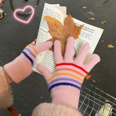 Nové proužkované pětiprsté all-inclusive rukavice s dělenými prsty pro studentky v zimě, teplé, větruodolné a dotykové lyžařské rukavice na cyklistiku
