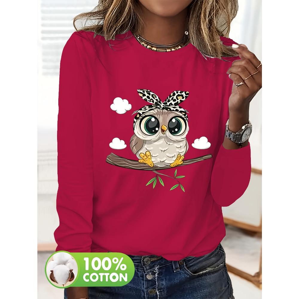 Women's 100% Cotton Long Sleeve T-Shirt Dragonfly Print round Neck Casual Fashion Top for Spring And Autumn
