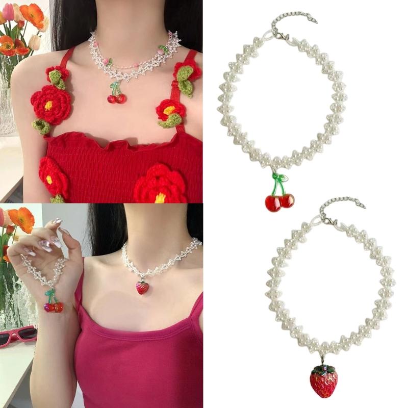Fashion Cherry Strawberry Pendant Necklace Sweet Double Layer Pearl Clavicle Chain Choker Necklace Jewelry Neck Chain