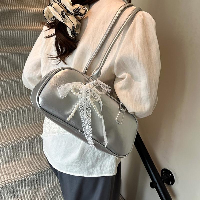 Vintage Elegant Mini Large Capacity Shoulder Bag with Delicate Lace Pearl Bow ,accent Small Fashion Top Handle Bags for Girls