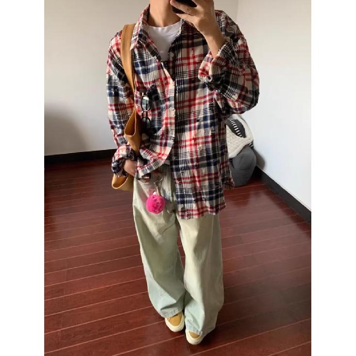 2024 Plaid Langarm Hemd Japanischen Hong Kong Stil Ins Lose Hemd Jungen Sommer Trendy Vielseitig Casual Mantel