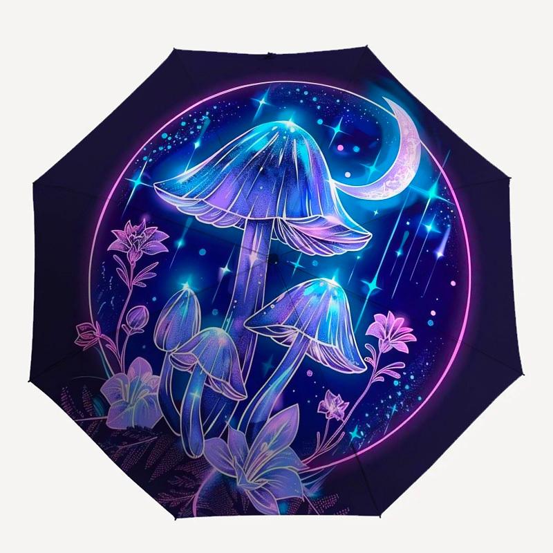 1pc Fantasy Mushroom Night Scene Umbrella with Plastic Handle,Vibrant Cartoon Pattern,Multi-functional UmbrellaB1968
