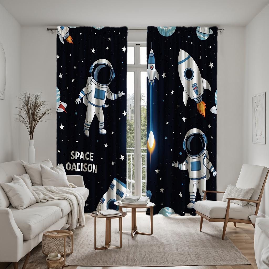2 Pieces HD Digital Black Department Cartoon Planet Space Astronaut Curtains Home Decorating Style Decorating Living Room Bedroo
