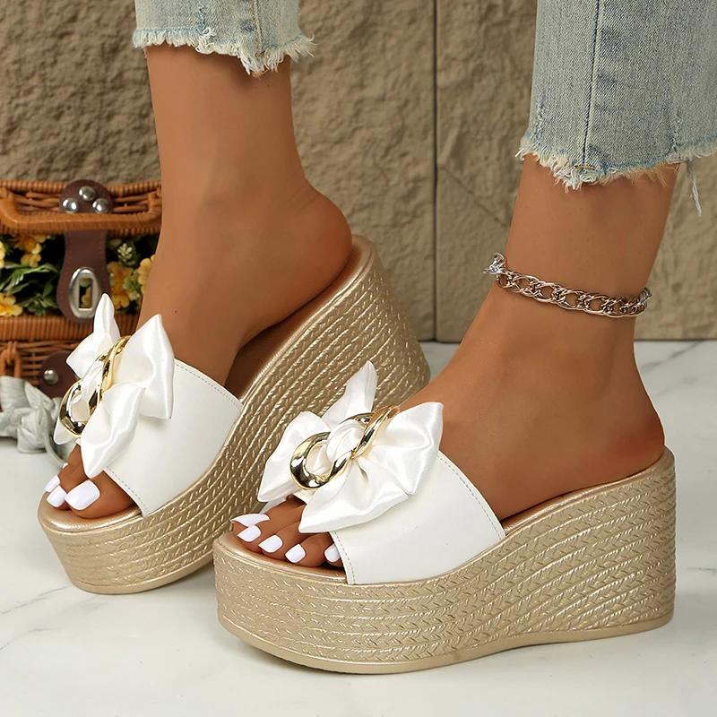 White Satin Bowknot Chunky Platyform Sandals for Women Chain Decor Wedge Heel Sandals Woman Thick Bottom Summer Slippers