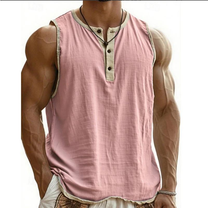 Heren Mouwloos Henley Vest met Contrasterende Rand Katoen Linnen Los Casual Tanktop