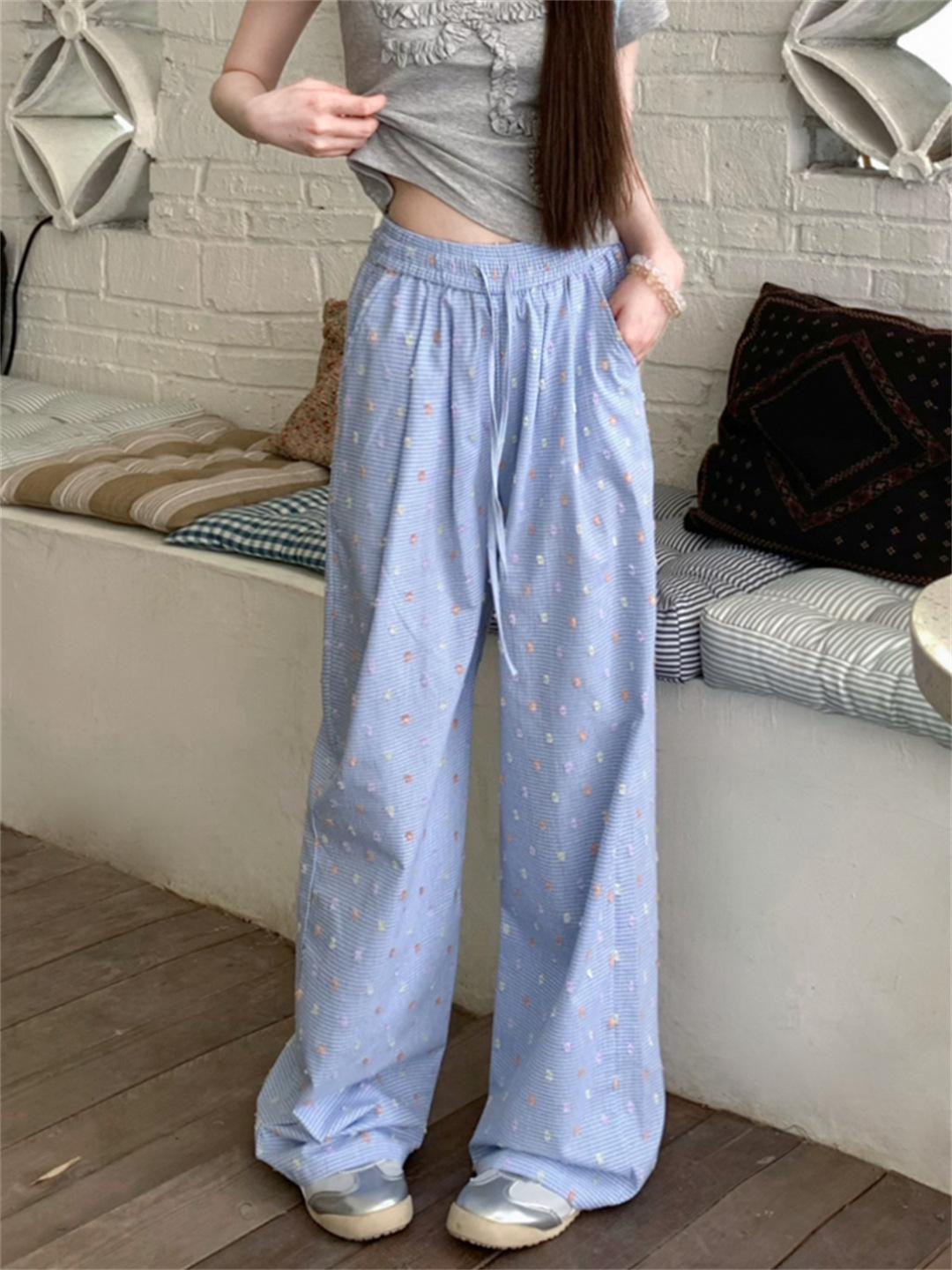 

Дофаминовый наряд Женские желтые клетчатые повседневные брюки с высокой талией и широкими штанинами для лета Large синий