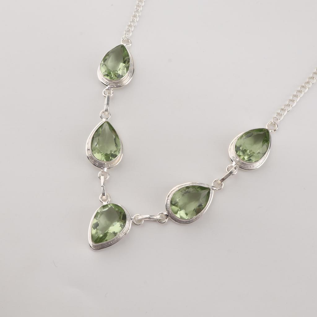 Green Amethyst Gemstone Silver Necklace 925 Sterling Silver Handmade Necklace For Women RN-1-12