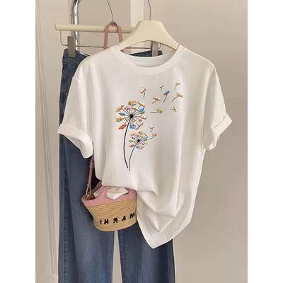New Women Round Neck Short Sleeve T-Shirt Artistic Dandelion Books Print Summer Casual Party Cute Top