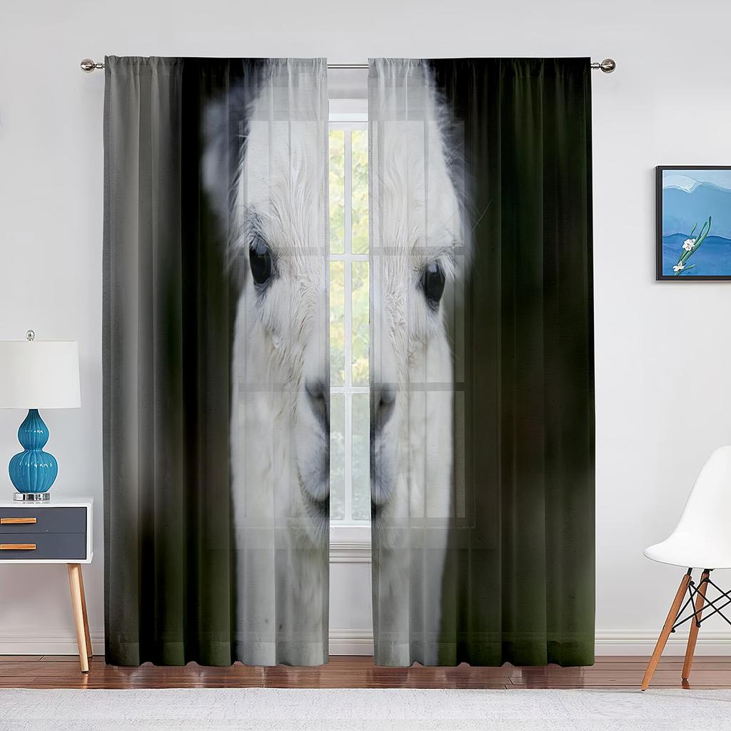 Cute Llama Alpaca Funny Animal Sheer Curtain for Living Room Voile Window Blinds Bedroom Tulle Drape Kitchen Curtains Decoration