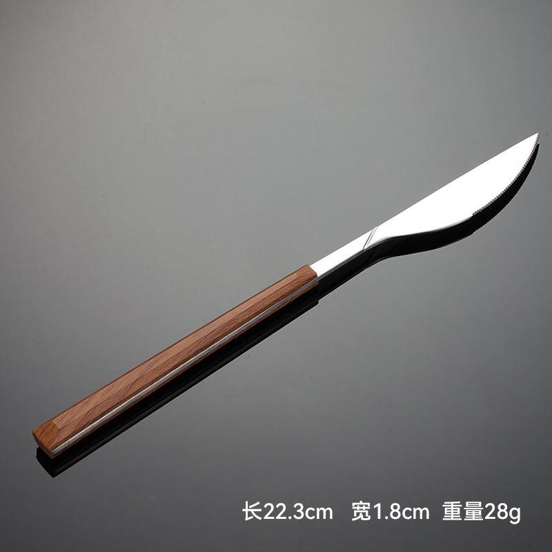 Nerezová ocel 430 rukojeť s imitací dřeva, západní příbory, pětidílná sada nožů, vidliček a lžic