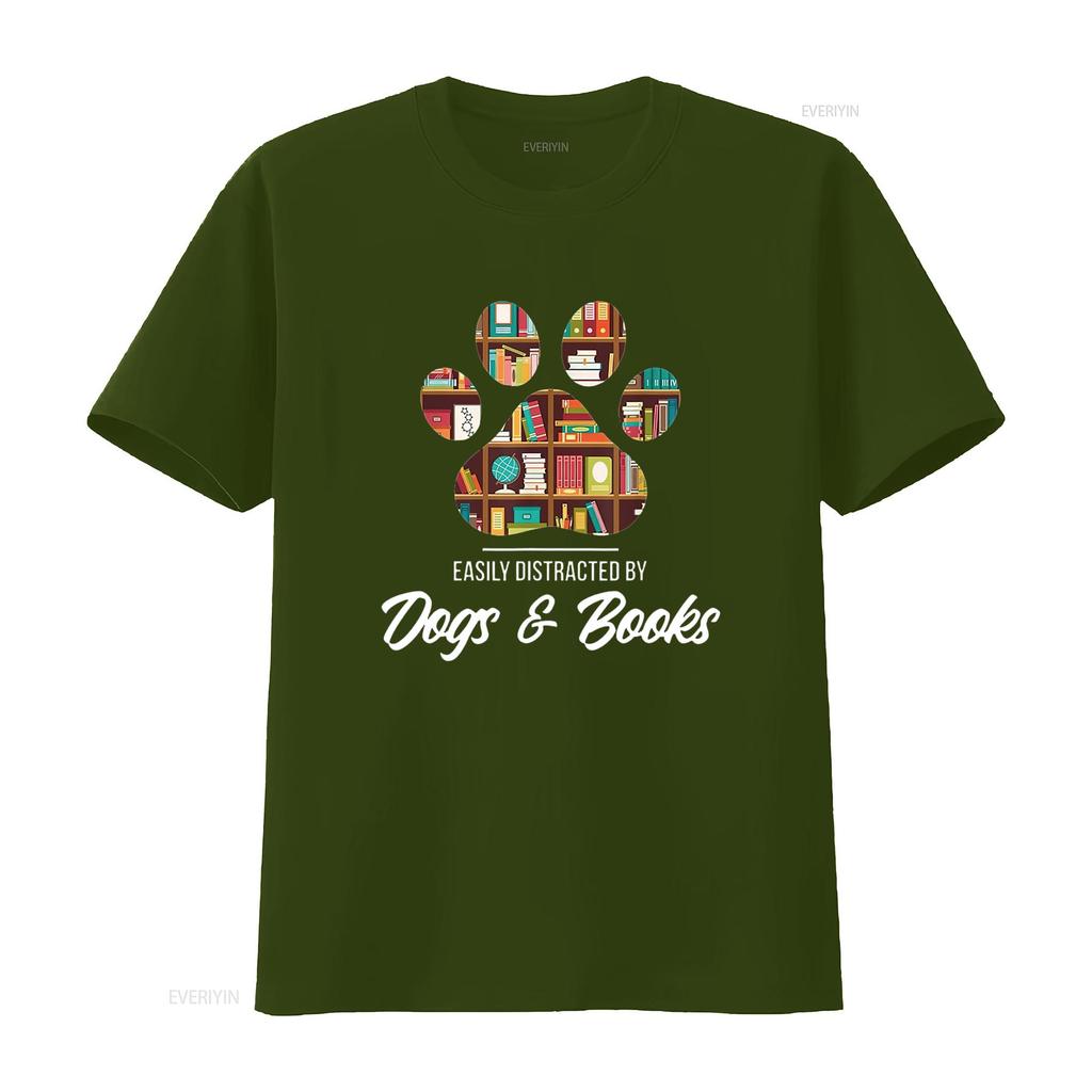 Easily Distracted By Dogs And Books Animal Lover T Shirt vintage Washed fashion Top For Everyday Wear homme Breathable