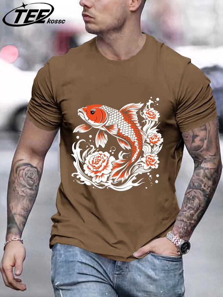 Japanese Harajuku Creative Lotus Koi Pattern TShirt Mens Summer Soft T Shirts Cotton Retro Sportswear Unisex Hip Hop Clothes