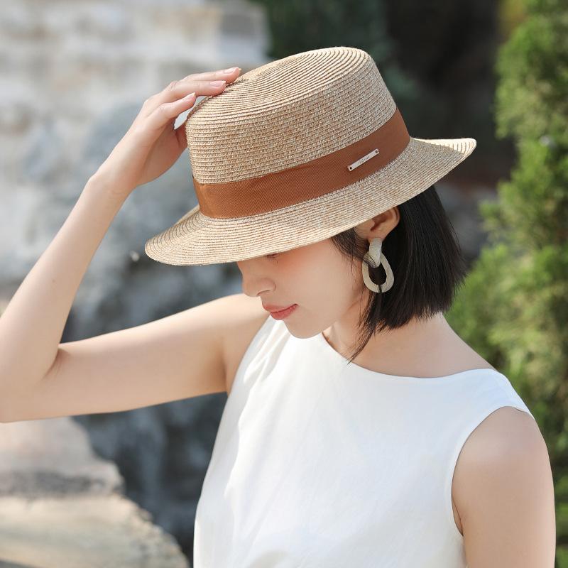 Summer hat women's seaside beach Lafite straw hat sunscreen sunshade woven flat top top hat big head circumference sun hat