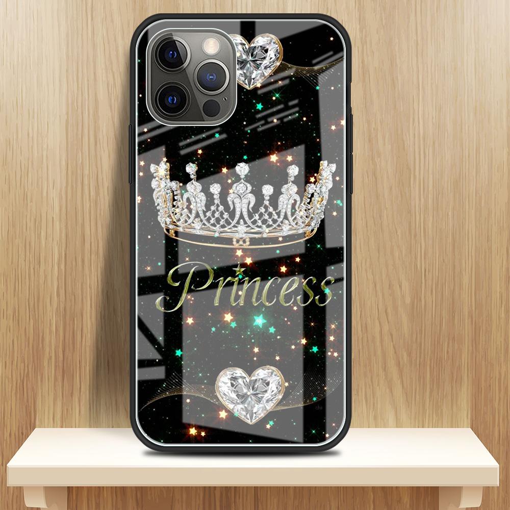 Diamond Crown Printing Glass Case For iPhone 11 13 12 14 Pro XR X XS Max 7 8 6 6S Plus SE 2020 Tempered Black Edge Phone Covers