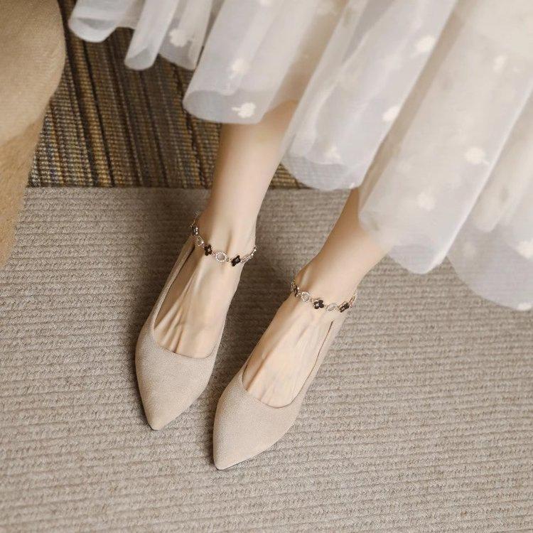 

Pearl one-word belt high heels, new autumn design temperament with skirt thick heel medium heel single shoes 40 абрикосовий