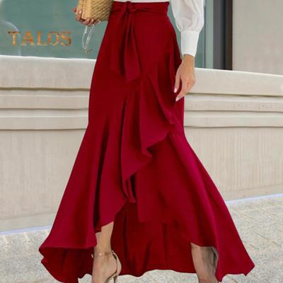 Women Summer Maxi Skirt High Waist Lace-up Ruffle Trim Long Skirt Plaid Print Bow Tie Irregular Hem Casual Skirt