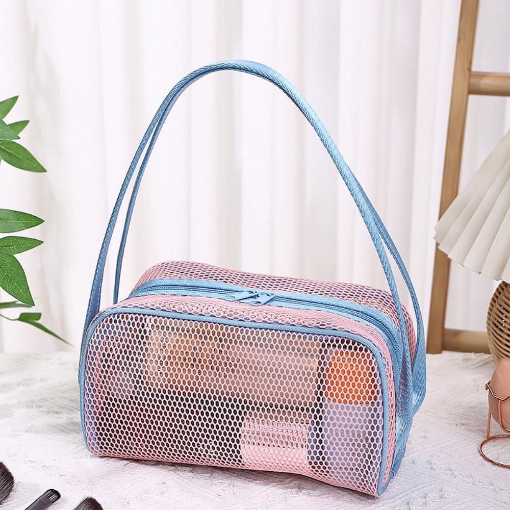 New with Handle Travel Makeup Bag Large Capacity Mesh Cosmetic Bag Polyester Lightweight Storage Bag