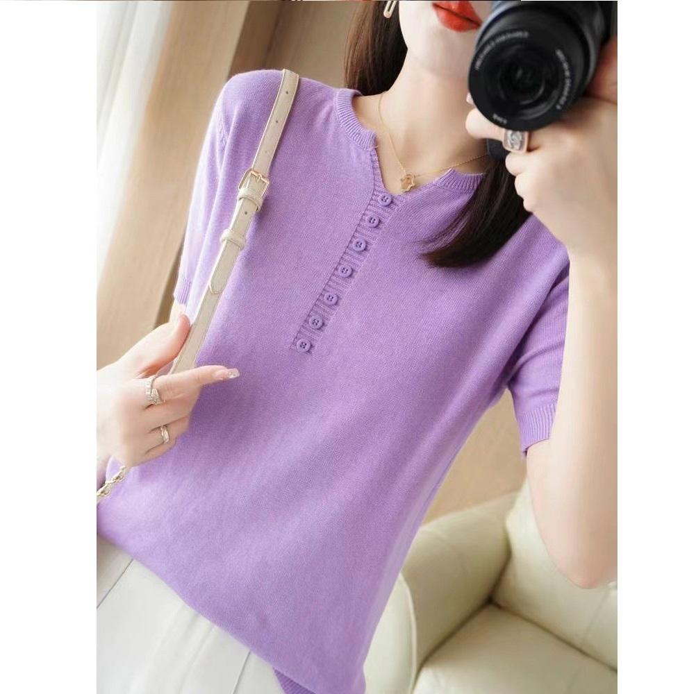 Summer Cotton Linen V-neck Half Sleeved T-shirt for Women, Loose Linen Solid Color Short Sleeved Button Up Top, Cotton Outerwear