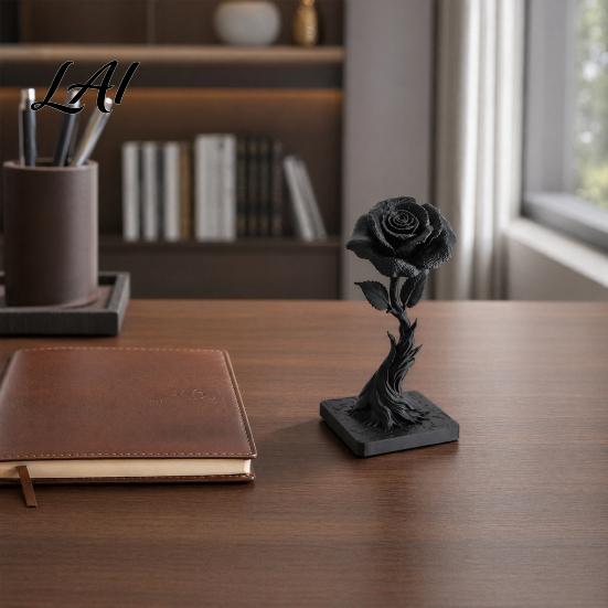 Small Rose Sculpture 3D Printed Black Statue Ornament Gothic Dark Style Figurine Spiral Decoration Artistic Flame Base Flower Decor Exquisite