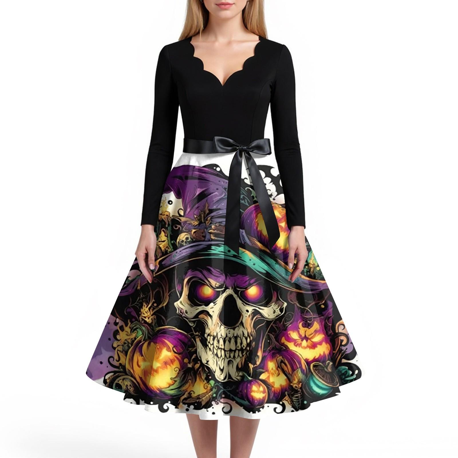 

Жіноча повсякденна та модна сукня з V-подібним вирізом та довгими рукавами з принтом на Хелловін XXXXXL помаранчевий