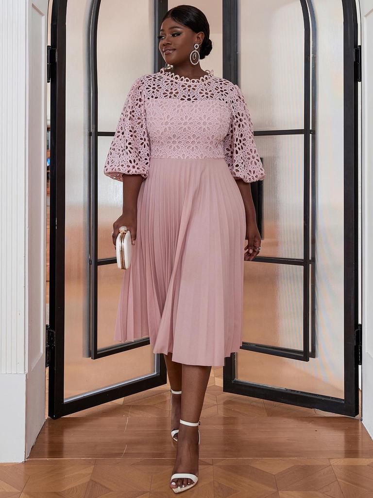 Plus Size Lace Lantern Sleeve Dress with Pleated Skirt - Christmas Gift