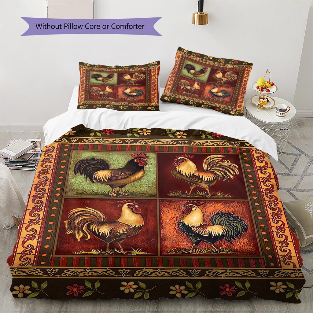 Vintage Chicken Art Pattern Bedding Quilt Set Quilt Cover Pillowcase Home Decoration Gift (1 * duvet cover + 2 * pillowcase, without core)