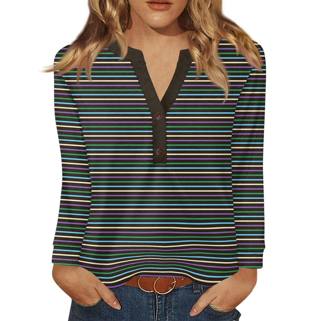 Dámské tričko s potiskem, knoflíky, dlouhý rukáv, denní, víkendová móda, základní, výstřih do V, běžný top