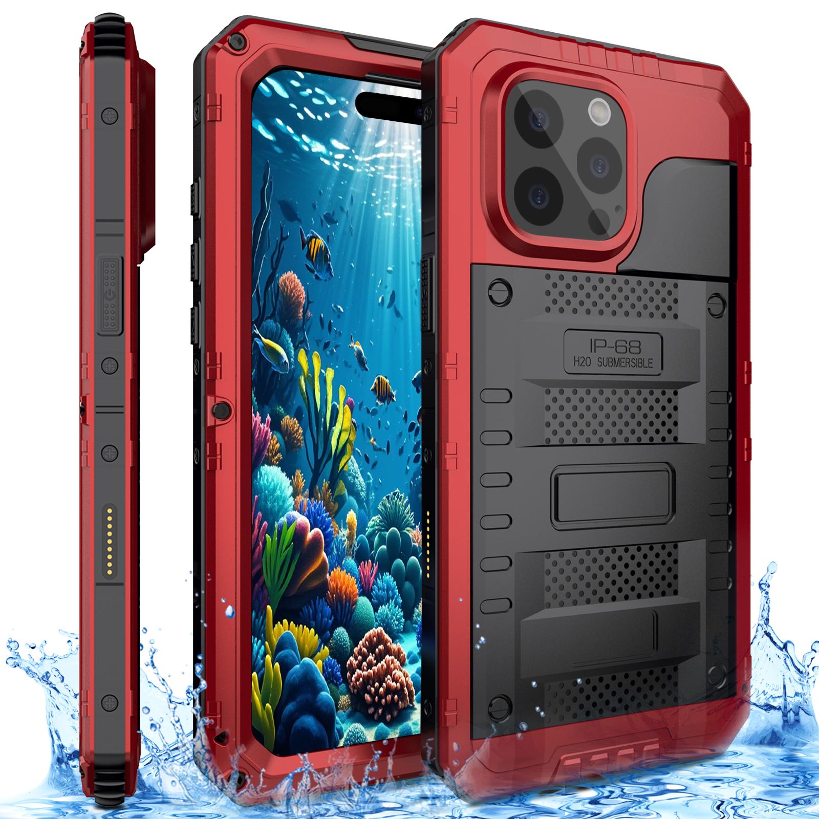 

Водонепроницаемый чехол IP68 для iPhone 16 Pro Металлическая+силиконовая накладка с защитной пленкой для экрана Red