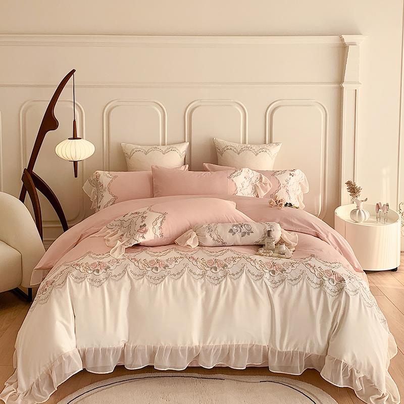 1000TC Egyptian Cotton Romantic French Princess Bedding Set Rose Embroidery Lace Ruffles Duvet Cover Set Bed Sheet Pillowcases