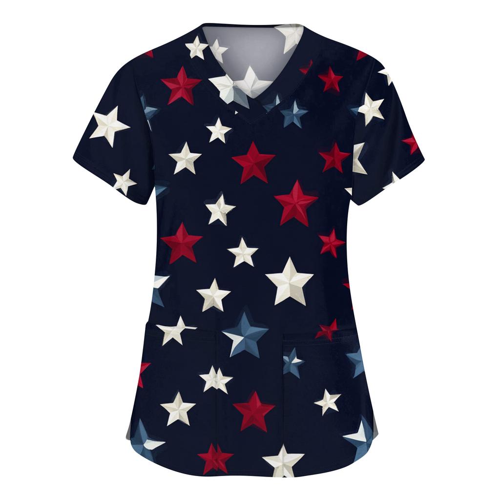 Modische Arbeitskleidung für Damen mit V-Ausschnitt, kurzen Ärmeln und bedruckten Taschen