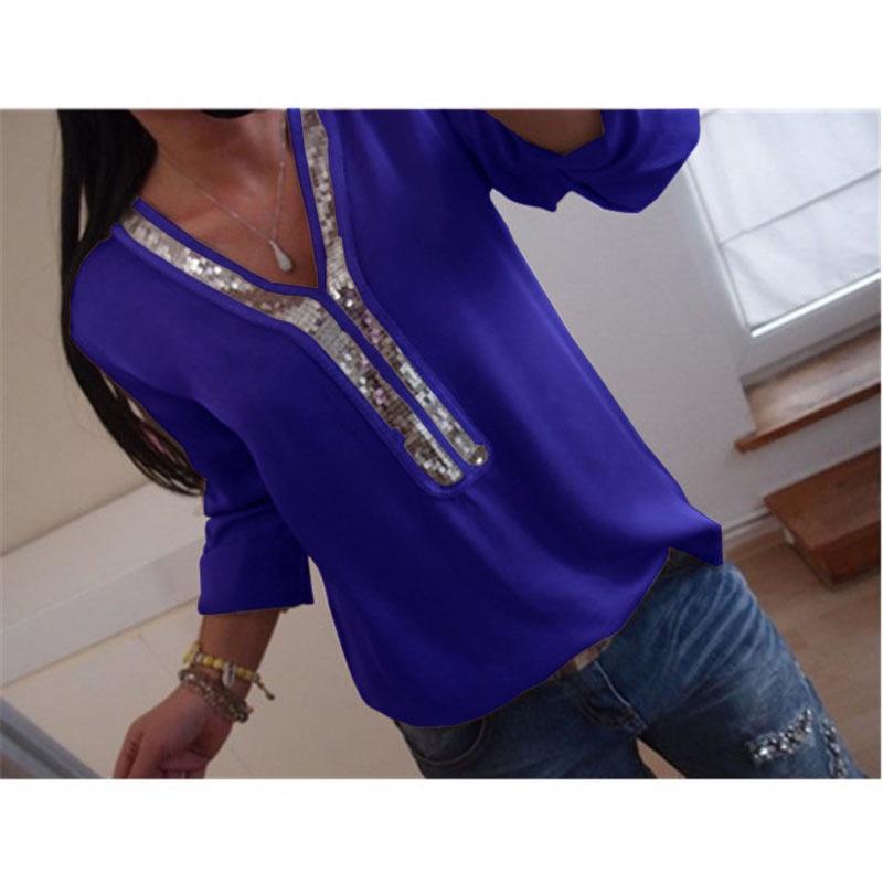 Elegant Womens Long Sleeve Sequins V-neck Tops Blouse With Casual Plus Size Fit