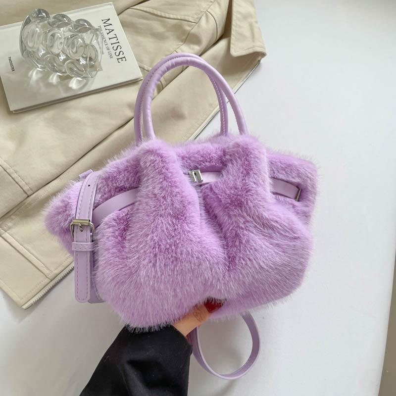 Chic Plush Women's Tote Bag, Imitati Mink Fur Women Handbag, Vegetable Basket Bag, Pleated Bag, Stylish Shoulder Crossbody Bag