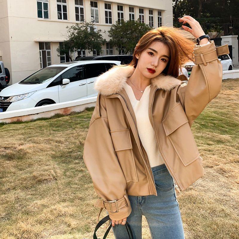 Autumn and winter new leather jacket women's fleece thickened short loose removable imitation unloading fox fur collar pie to overcome