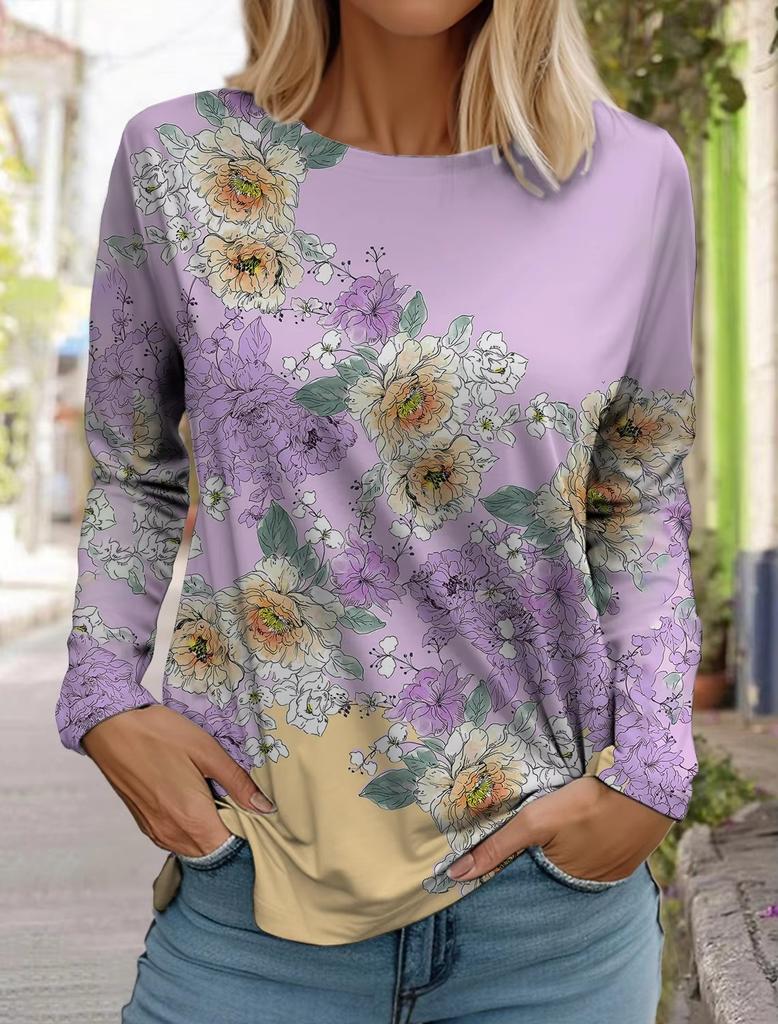 3D Print Floral Graphic Women's T Shirt Long Sleeve Tops Basic Design Fashion Round Neck Regular Fit Y2K Sweatshirt For Girls