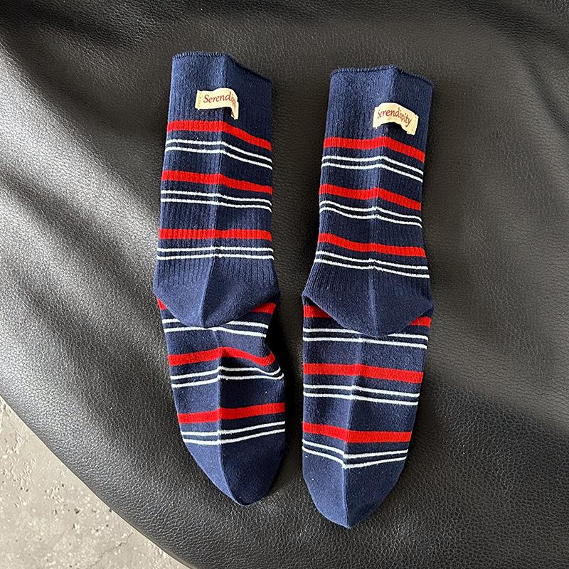 Ladies Spring & Fall Casual Pinstripe Heel Cloth Label Boneless Mid Barrel Pile Cotton Socks