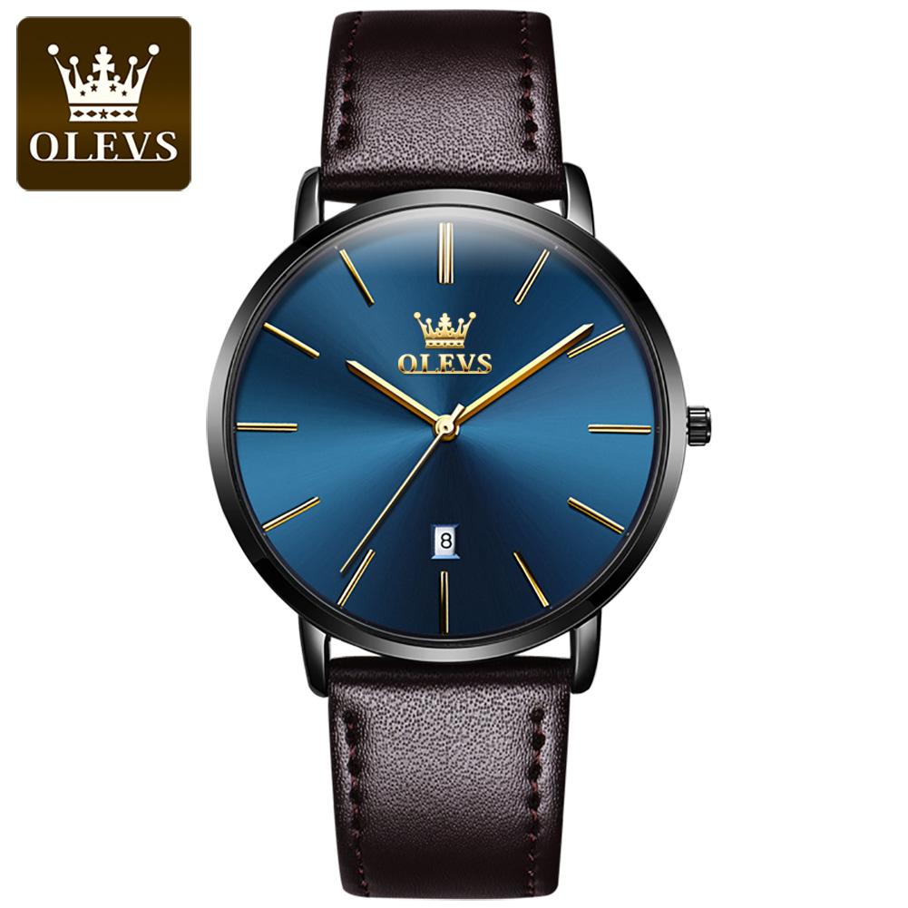 OLEVS 5869 Ultra Thin 6.5mm Quartz Watch for Men Fashion Leather Strap Simple Luxury Auto Date Clock Waterproof Men's Wristwatch