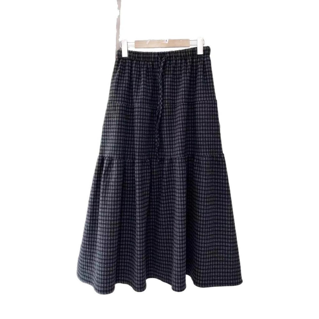 Plaid Woolen A-Line Skirt - Retro Artistic Age-Reducing, Elastic Waist, 2025 Autumn/Winter Collection.