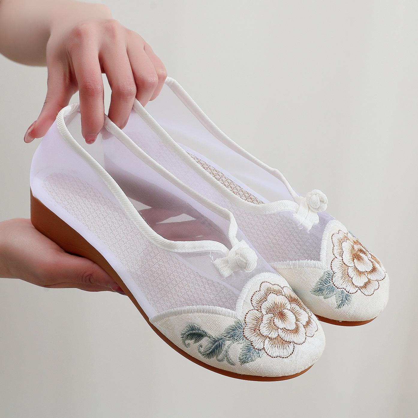 

[Сетчатый пион] Летние новые сетчатые дышащие туфли древнего ханьфу, этнический стиль, вышивка, одинарные туфли 41 белый