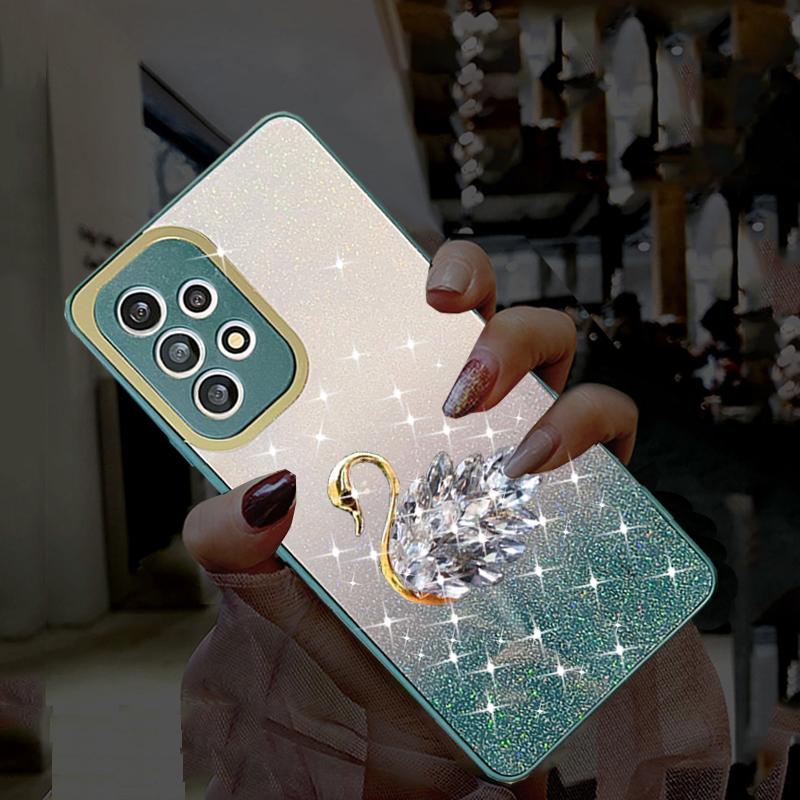 Glitter Diamond Swan Case For Samsung Galaxy A53 A73 A13 A12 A51 S22 S21 Redmi Note 11 10C iPhone 14 13 12 11 Pro Max Gradient Bling Sequin Soft Cover