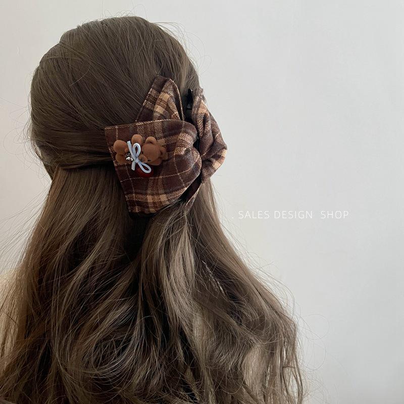 Exquisite Korean Plaid Bear Triangle Hair Clip for Women - 2025