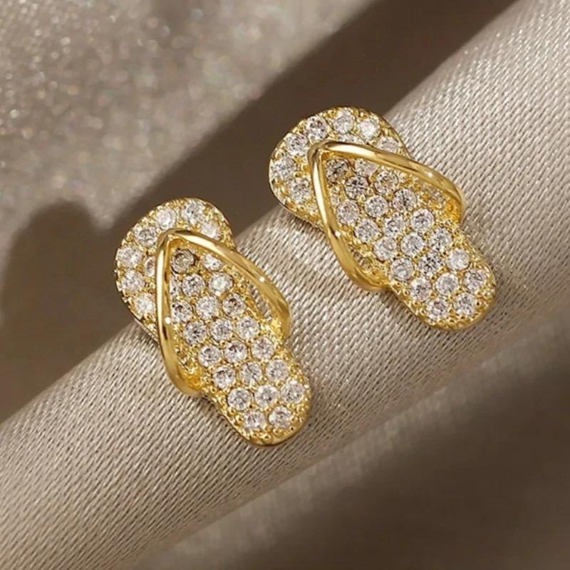 Huitan Funny Slipper Shaped Stud Earrings Full CZ Bling Bling Dainty Ear Stud for Women Daily Wear Dance Party Statement