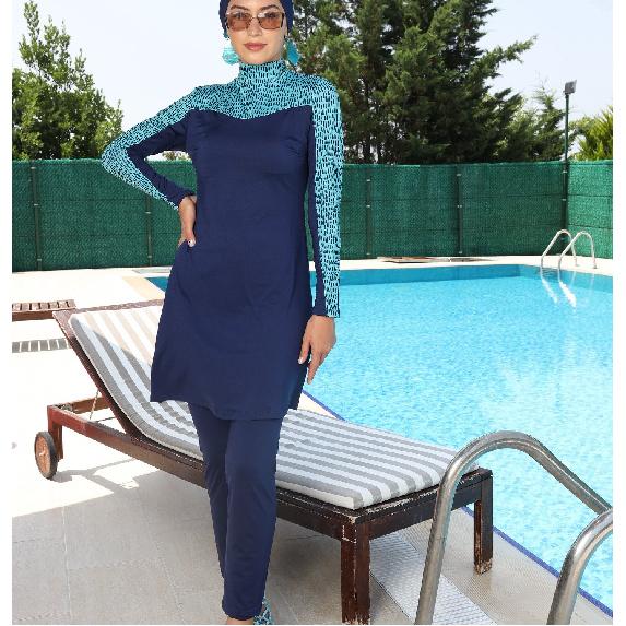 Blue Set Muslim Women Decent Branches Floral Print Seaside Swimwear Full Coverage Swimsuit Beachwear Burkini Swimsuit Set (Without Hijab)