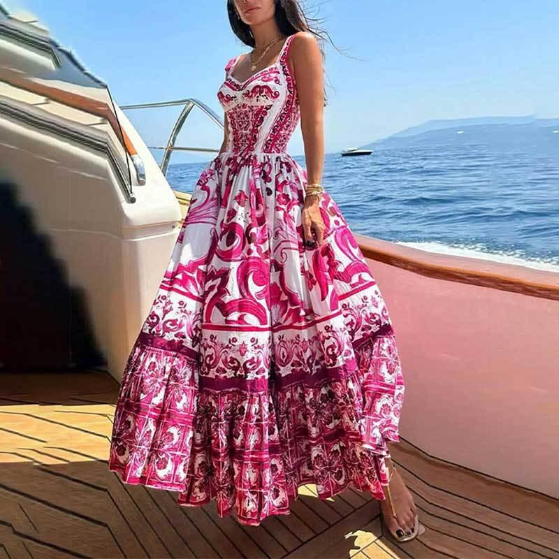 2026 Floral Print Sleeveless Smocked Waist A-Line Maxi Dress With Ruffle Hem Women
