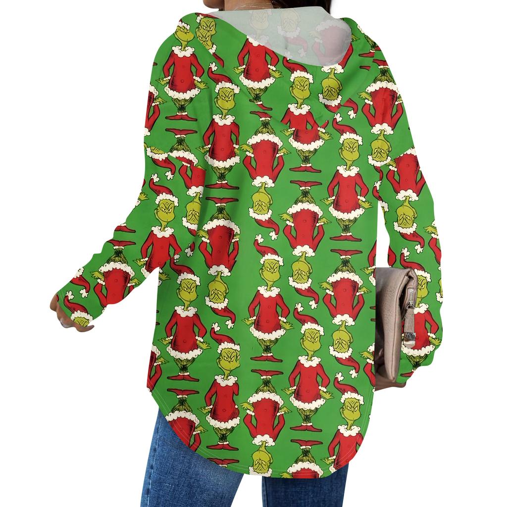 Women's Fashion Hoodies V Neck Long Sleeve Christmas Printed Drawstring Casual Loose Pullover Tops