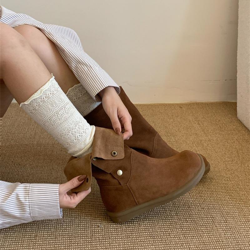 Soft leather platform version~ retro short Martin boots for women in autumn and winter, matte button stacking boots with skirt boots