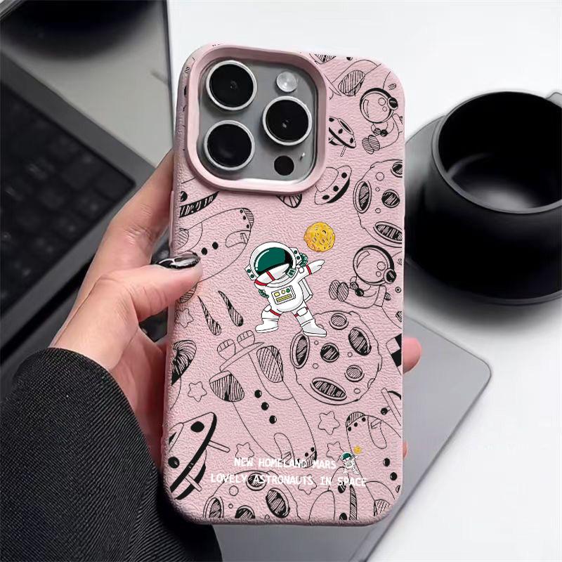 Cartoon Astronaut Pattern Leather Texture Phone Case for iPhone 16 Pro 15 14 13 12 Pro Max 11 Shockproof Tpu Soft Matte Slim Cover