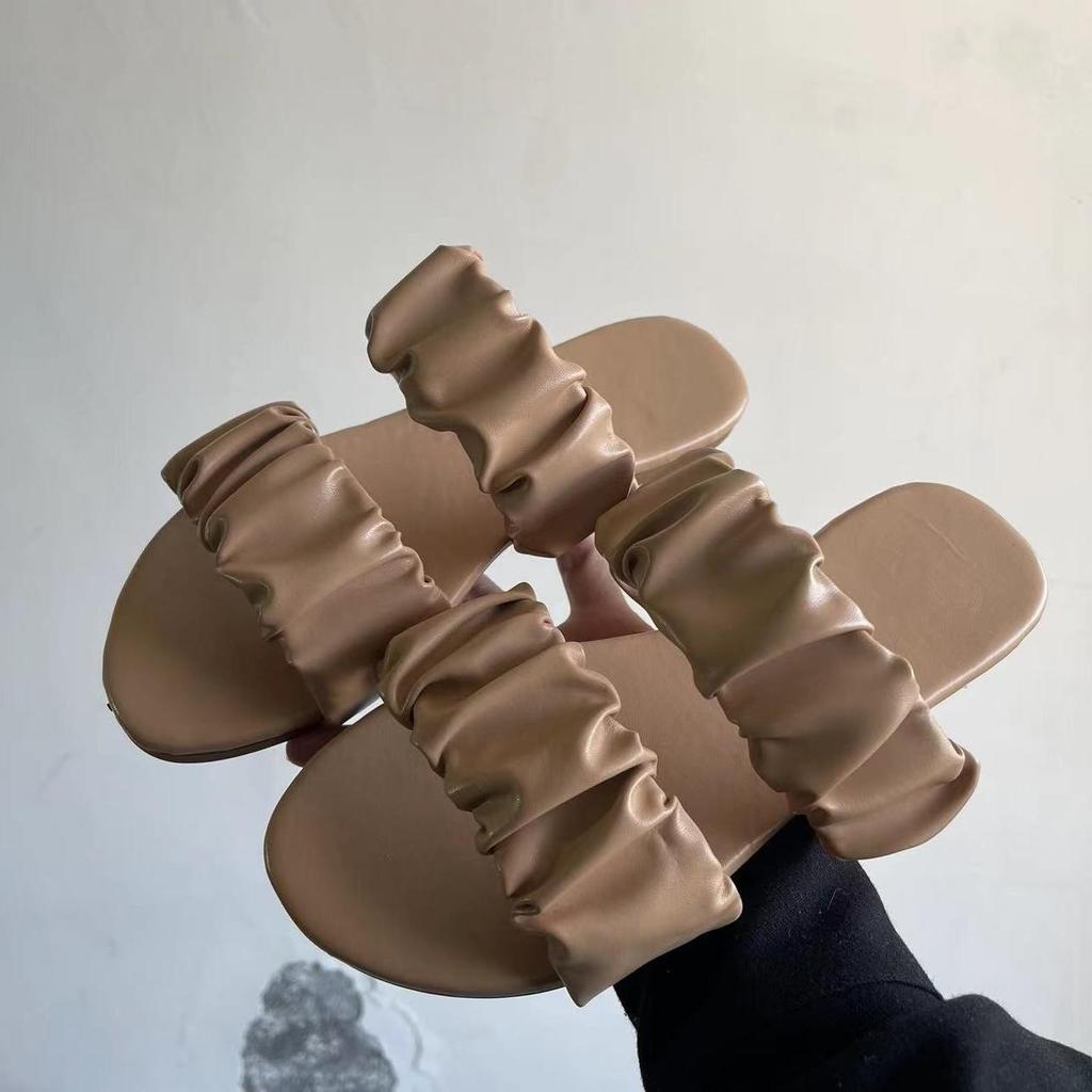 Fashion 2024 Women's Summer New Double-layer Leather Sandals Pleated Flat Bottomed Women's Outdoor Beach Outdoor Slippers