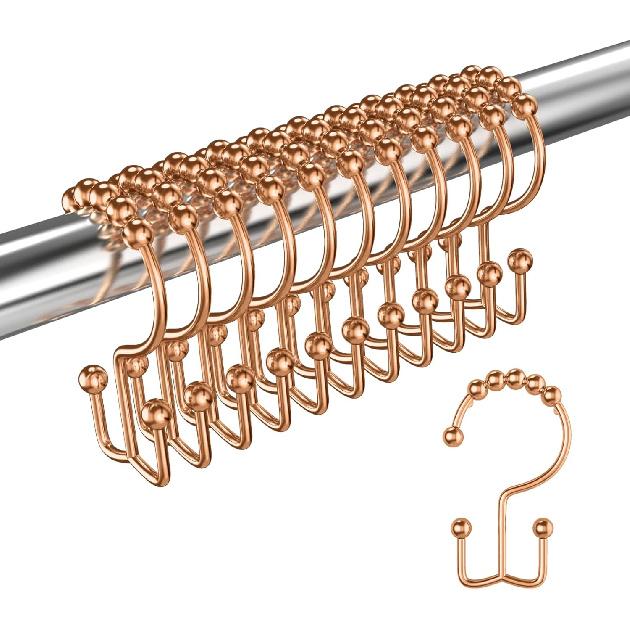 Shower Curtain Hooks Rings, Double Sided Shower Curtain Hooks Rust Proof for Bathroom Shower Rods Curta, Set of 12 Shower Hooks - Gold