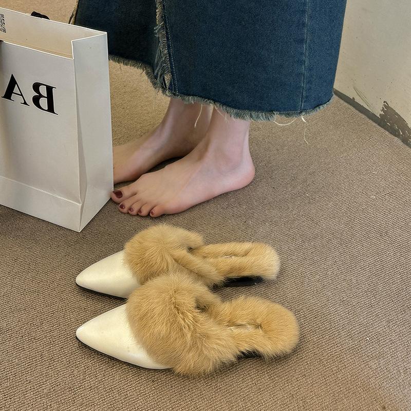 Pointed hair mop 2025 autumn and winter versatile fashion bag head half slippers women's new thousand bird grid outer wear flat bottom non-slip